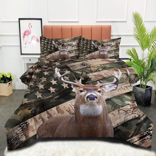 NINENINE - Juego de edredón de ciervos camuflados - Tamaño individual, ropa de cama temática occidental de bosque con bandera americana para niños y