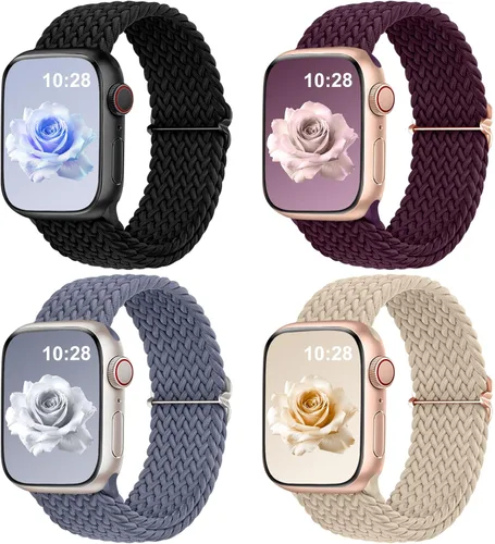 Miniatura 18 de DaQin Paquete de 4 correas elásticas trenzadas Solo Loop para Apple Watch para mujeres y hombres, de 1.575 pulgadas, 1.614 pulgadas, 1.654 pulgadas