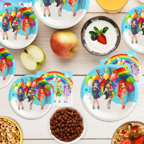 Miniatura 6 de 40 piezas de juguetes de fiesta Rainbow High Dolls incluyen 20 platos, 20 servilletas para decoración de fiesta de cumpleaños de muñecas Rainbow High