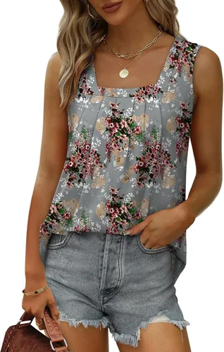 Miniatura 72 de Saloogoe - Camisetas sin mangas veraniegas para mujeres, plisadas con cuello cuadrado y dobladillo curvado, blusas de ajuste holgado con movimiento