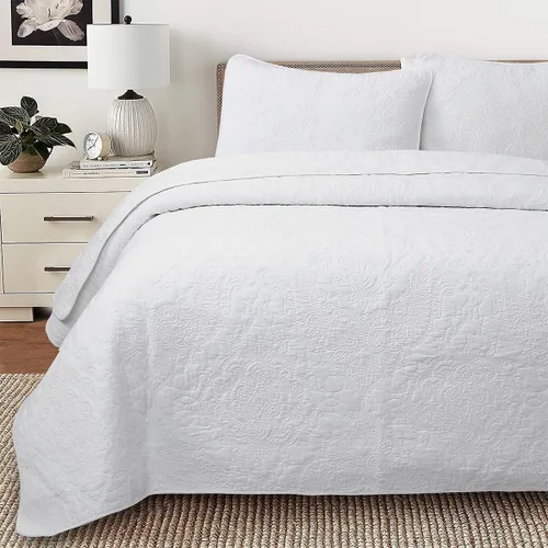 Miniatura 18 de Cozy Line Home Fashions - Juego de edredón de cama de algodón 100% Victoriano con medallón sólido blanco, matelassé, grabado, reversible, ligero