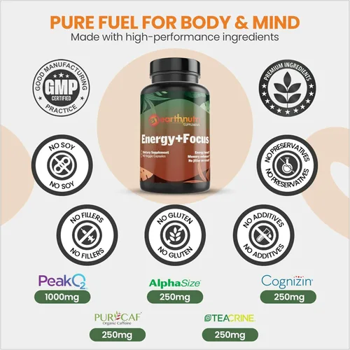 Miniatura 7 de EarthNutri Suplemento Energy + Focus – Aumento de energía y enfoque cerebral y memoria con PeakO2, AlphaSize, Cognizin, PurCaf, Teacrina, Acetil