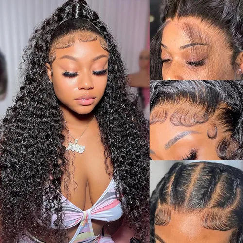 Miniatura 10 de Pelucas de cabello humano ondulado con encaje frontal 360 con correa oculta, nudos blanqueados, sin pegamento, previamente despuntadas, precortadas
