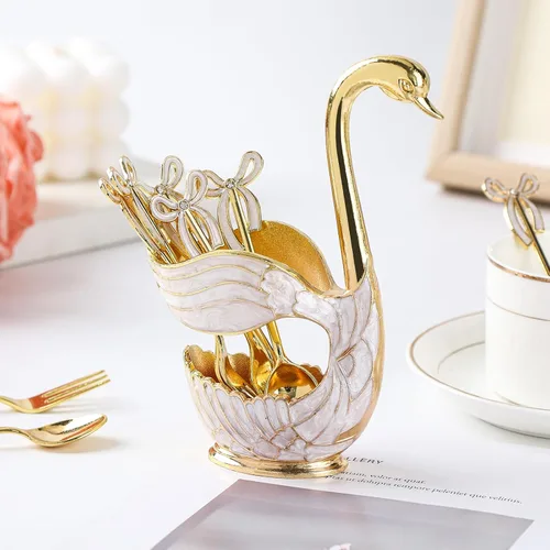 Miniatura 5 de Soporte de base de cisne dorado, organizador de cucharas de postre de cisne decorativo para mesa, con juego de 6 cucharas de café, elegantes