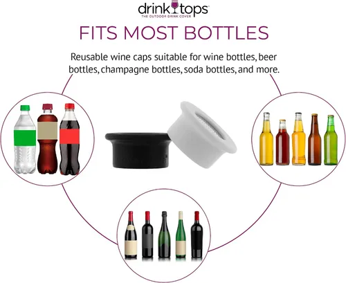 Miniatura 5 de Drink Tops - Fundas para botellas ventiladas, paquete de 2, color negro y blanco, fundas de silicona sin BPA para proteger el vino de elementos al