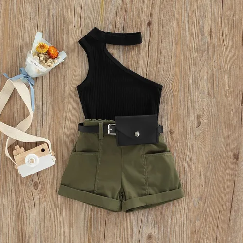 Miniatura 2 de Adobabirl Conjunto de ropa de verano para niña pequeña, sin mangas, acanalada, top halter y pantalones cortos, ropa de moda para niños con cinturón