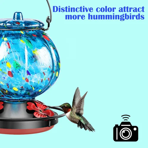 Miniatura 6 de Comedero para colibríes para exteriores – Comedero para pájaros de vidrio azul soplado a mano, a prueba de fugas, fácil de llenar y limpiar, 25