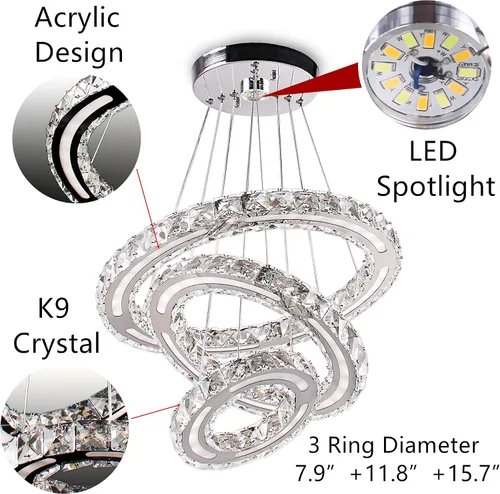 Miniatura 5 de Candelabros de cristal modernos para bricolaje, 3 anillos, lámpara colgante LED regulable para cocina, comedor, sala de estar, dormitorio, base