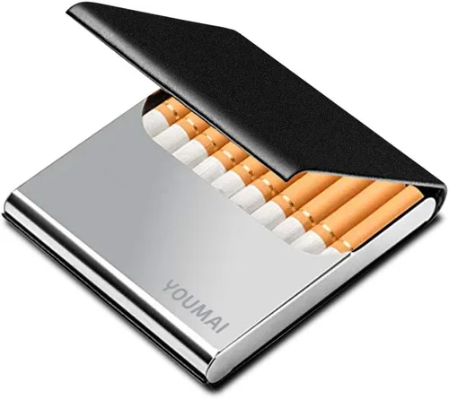 Caja de cigarrillos de cuero delgada portátil ultrafina ligera caja de transporte de bolsillo para sostener 10 tamaño regular (negro)