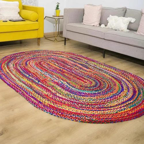 Miniatura 10 de RAJRANG Alfombra ovalada trenzada a mano de 2 x 3 pies, multicolor, bohemio, reversible, rústica, de algodón, alfombra Chindi geométrica