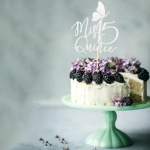 Miniatura 5 de Decoración para pastel de membrillo Mis Quince años, decoraciones de cumpleaños de 15 años con mariposa, feliz 15 años, regalo de fiesta