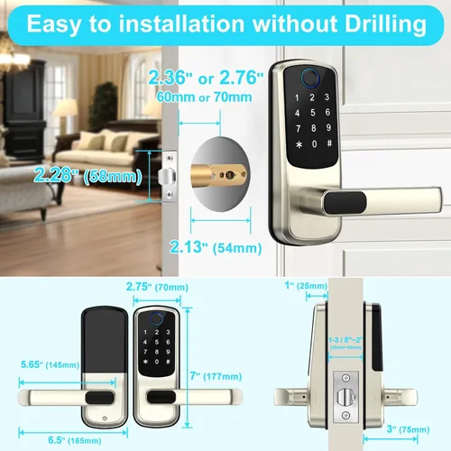 Miniatura 7 de Cerradura de puerta inteligente con asa, cerraduras exteriores de huellas dactilares, cerraduras inteligentes para puerta delantera, dormitorio