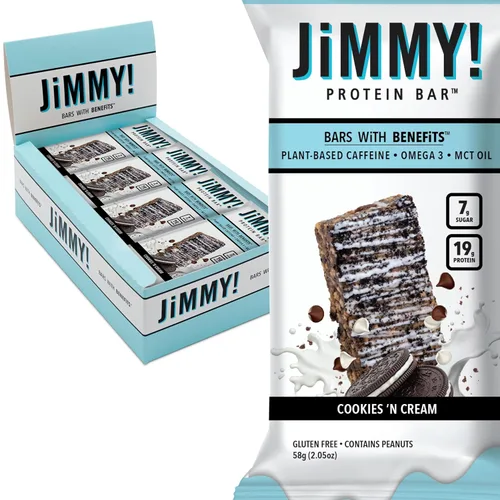 JiMMY! Barras con Beneficios, Barra de Proteína, Cookies 'N Cream, 12 Barras, 2.05 oz (58 g) Cada Una