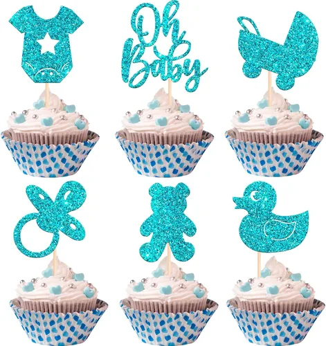 Miniatura 9 de 24 piezas Oh Baby Cupcake Toppers Glitter Baby Shower Cupcake Picks Reveal Género Decoración de Pasteles para Baby Shower Niños Niñas Fiesta de Azul