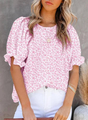 Miniatura 2 de Dokotoo Blusas con Estampado Floral para Mujer Cuello Redondo Fruncidas Manga Abombada Camisas Casuales Tops Babydoll