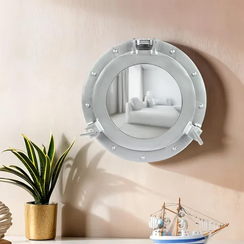 Miniatura 6 de Nagina International Espejo Náutico Premium de Aluminio con Recubrimiento en Polvo Estilo Pirata, Reloj y Ventana con Ojo de Buey Decoración Deco