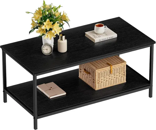 Miniatura 9 de SAYGOER Mesa de centro con almacenamiento de 2 niveles, mesa central industrial para sala de estar, mesa de madera rectangular para espacios Beige