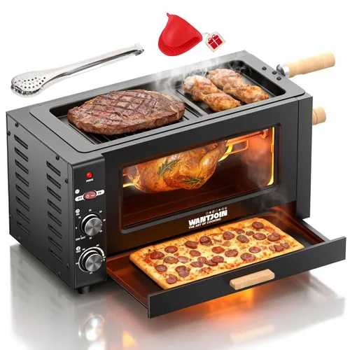 WantJoin Horno asador eléctrico – Horno asador 3 en 1 de 3 capas de 26 cuartos para cocción simultánea, calefacción de rotación automática de 360°,