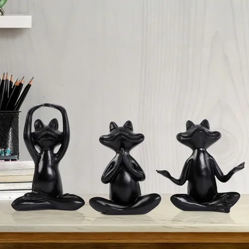 Miniatura 5 de Suoedd Juego de 3 figuras de rana negra para decoración de yoga, estatuas de yoga de rana para sala de estar moderna, mesa, oficina, estantería