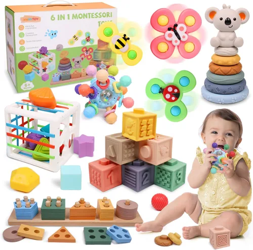 YHHYTOY Juguetes Montessori 6 en 1 para bebés de 0-6 6-12 meses, juguetes de dentición para bebés, bloques apilables suaves, anillos clasificadores