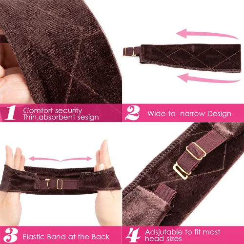 Miniatura 2 de Diadema elástica de terciopelo para peluca, 2 piezas, cómoda banda ajustable para pelucas, banda antideslizante de buen agarre (marrón chocolate)