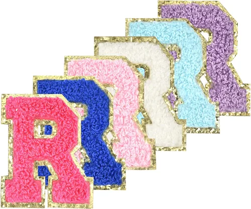 Miniatura 24 de 6 piezas de parches de letras de chenilla autoadhesivas con purpurina para planchar, parches de letras universitarias estilo preppy, letras difusas