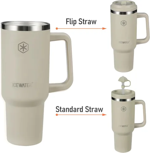 Miniatura 2 de ICEWATER Vaso de 40 oz con 2 tapas (abatible y pajita estándar), 100% a prueba de fugas, vaso aislado con asa, compatible con portavasos, botella