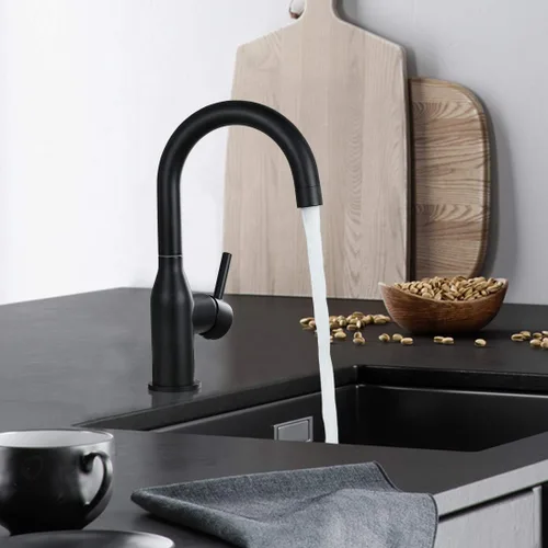 Miniatura 2 de WOWOW Grifo de baño negro - Mezclador de lavabo de arco alto para fregadero de barra de acero inoxidable con mangueras de suministro