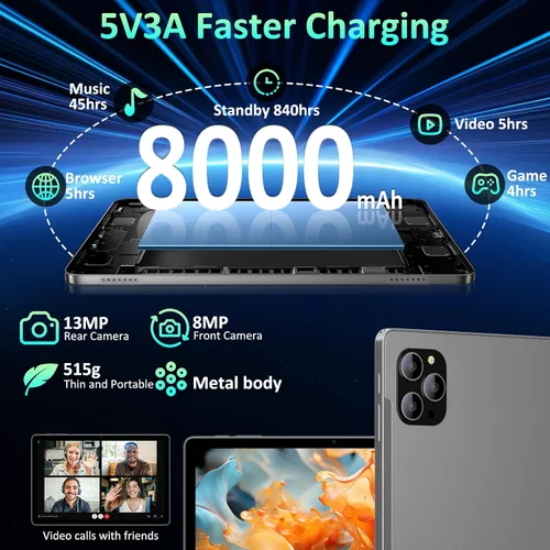 Miniatura 5 de Tablet Android 16 de 11 pulgadas con Gemini AI, tabletas de pantalla FHD de 2K, 36 GB de RAM 256 GB ROM, Octa-Core T615, 2 en 1 con teclado, 8000