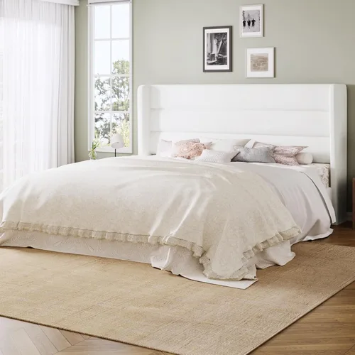 Allewie - Base de cama tamaño Queen con cabecera acolchada tapizada en terciopelo con respaldo abatido, sin necesidad de somier, espacio de Blanco