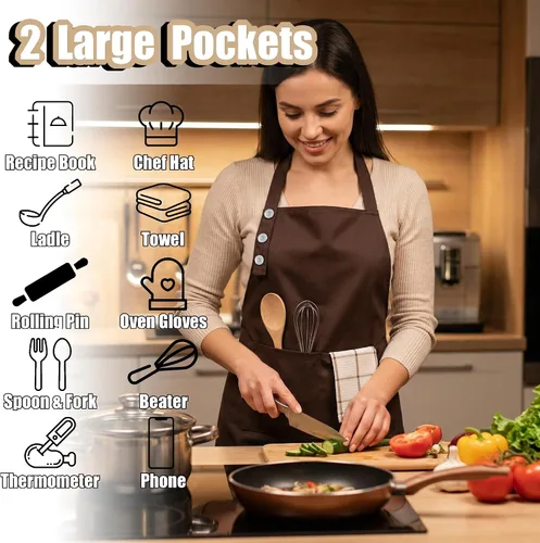 Miniatura 2 de TOSHE Delantal de cocina de algodón resistente a las gotas de agua con delantales ajustables para mujer con bolsillos, 12 opciones de color, Marrón