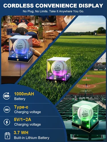 Miniatura 3 de Estuche de exhibición de béisbol JupDec sin cables con LED, caja transparente de acrílico con forma de cubo para béisbol con 10 colores de luz, caja