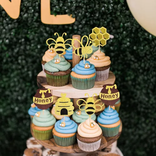 Miniatura 4 de Rsstarxi Paquete de 30 adornos para cupcakes de abejorros con purpurina dorada de panal de abeja, decoración de pasteles para revelación de género
