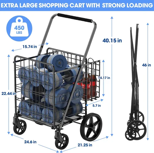 Miniatura 2 de Carrito de compras de capacidad de 450 libras, carrito de comestibles enorme con ruedas, carrito de compras plegable resistente con cesta doble