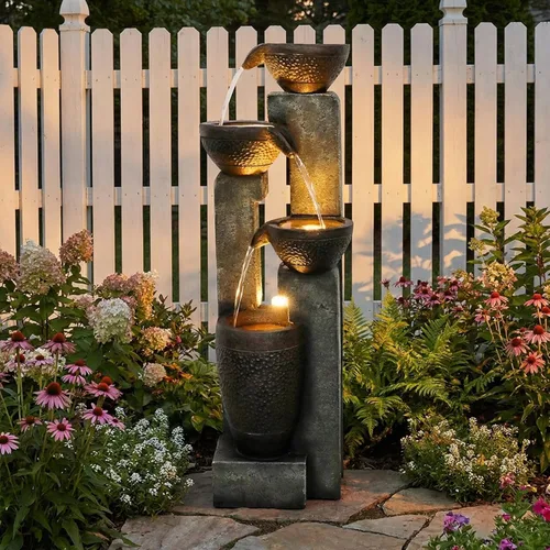 Miniatura 11 de Hamiedun Fuente de agua de 38.2 pulgadas de alto para exteriores, cuencos en cascada y piedras apiladas con luces LED, fuente de cascadas