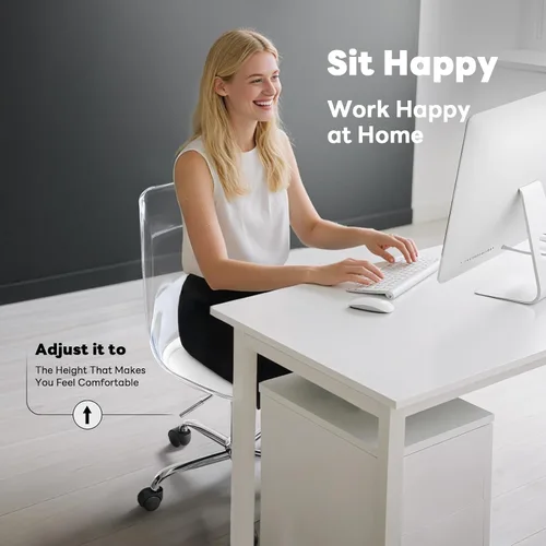 Miniatura 3 de Lessmore Silla de escritorio de acrílico transparente con cojín de piel sintética, silla ajustable de oficina en casa con ruedas, silla de tocador