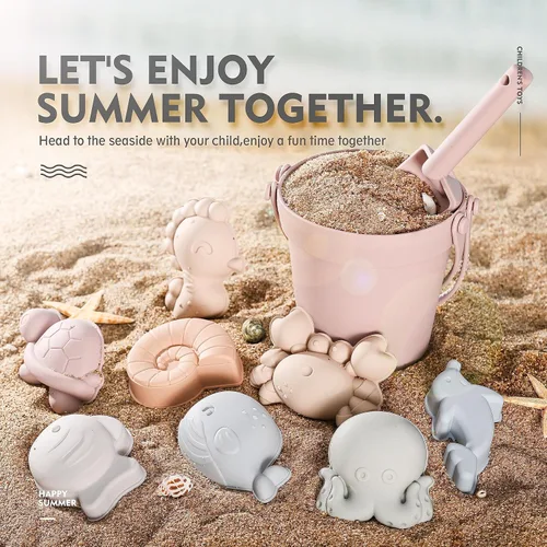 Miniatura 3 de MarcZero 11 juguetes de playa de silicona, modernos juguetes de playa para bebés, juego de playa apto para viajes, cubo de silicona, pala, 8 moldes