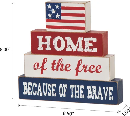 Miniatura 2 de Glitzhome Bandera estadounidense de 8 pulgadas de alto, decoración patriótica del hogar de los libres por el valor de madera para el 4 de julio, Día