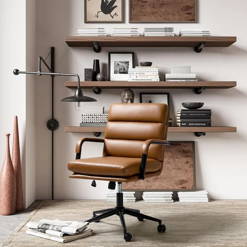 Miniatura 13 de HULALA HOME Silla moderna de piel sintética para oficina en casa con bloqueo de inclinación y base de metal, silla de escritorio con ruedas y cojín