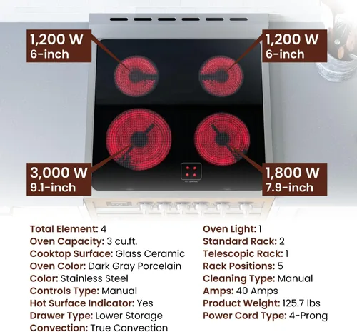 Miniatura 5 de Rangaire RRE241TS - Horno eléctrico de 24 pulgadas con temporizador, acero inoxidable, quemadores infrarrojos, convección verdadera, estantes