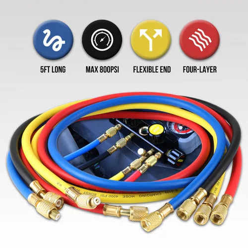 Miniatura 5 de Lichamp Set de Medidores de Colector HVAC R410A AC R134A, Freón R22 R32 410A 134A Medidor de Colector Diagnóstico de 4 Vías con Kit de Manguera Kit