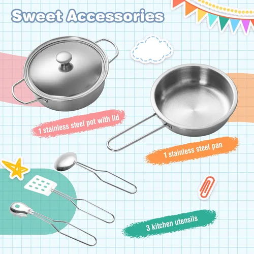 Miniatura 5 de Costzon Juego de Cocina de Esquina para Niños, Juego de Cocina de Madera de Juguete 11 en 1 con Lavadora Realista, Microondas, Horno, Estufa