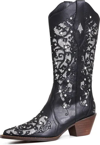 Miniatura 2 de SaraIris Botas vaqueras para mujer, botas vaqueras, botas occidentales, tacón grueso, punta puntiaguda, con diamantes de imitación bordados, botas
