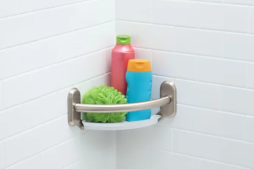 Miniatura 2 de Moen LR2354DBN Barra de agarre curvada de baño de 9 pulgadas con estante esquinero integrado, níquel cepillado