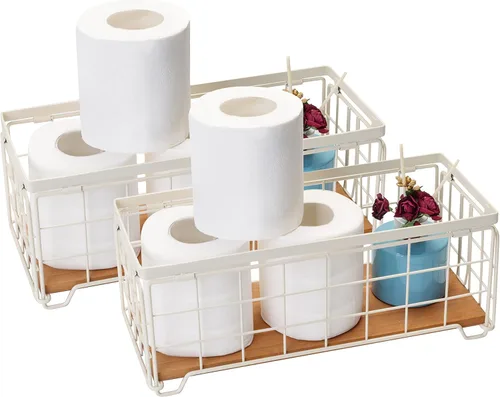 Miniatura 6 de Cesta de almacenamiento de alambre de metal, soporte para rollo de papel higiénico, base de madera, caja de decoración de encimera, estante de Crema