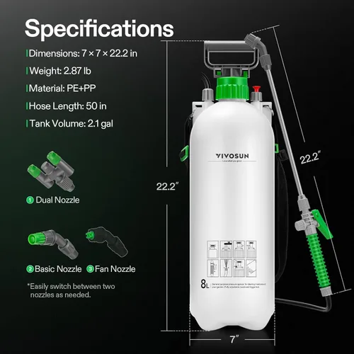 Miniatura 9 de VIVOSUN Pulverizador de bomba de 2.1 galón/8L, rociador de agua de jardín para plantas, malezas y cuidado del césped, con 3 boquillas, manguera