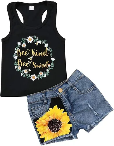 Honganda Moda 2 unids niños niños bebé niña trajes girasol sin mangas camiseta sin mangas + pantalones cortos de mezclilla ropa de verano