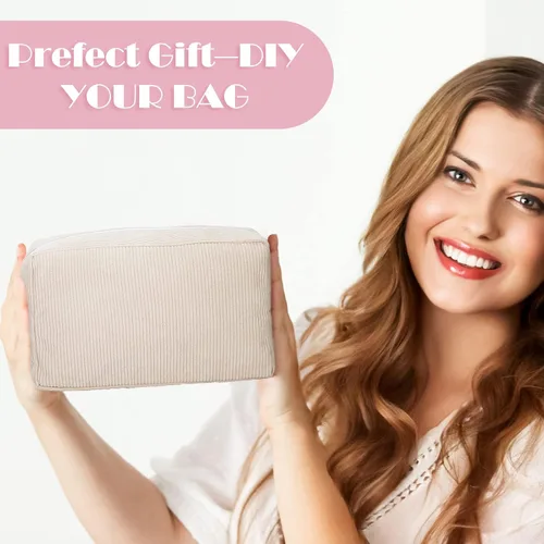 Miniatura 6 de Amylove 12 bolsas de maquillaje de pana de gran capacidad, bolsa de cosméticos preparada a granel, uso diario, bolsa de maquillaje portátil lisa