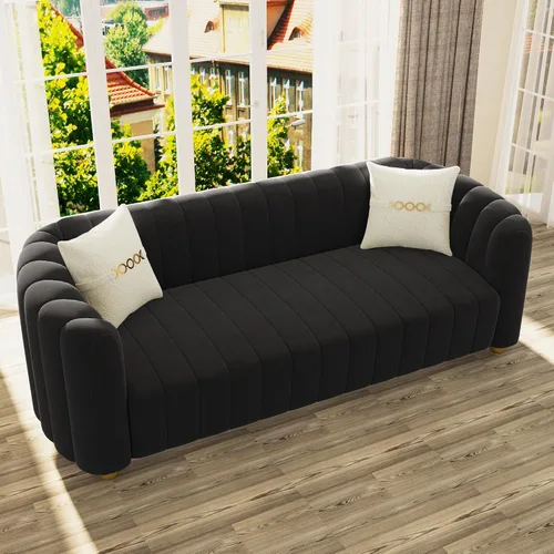 Miniatura 5 de Sofá de terciopelo negro de 83 pulgadas, sofá moderno de mediados de siglo para 3 personas Chesterfield copetudo de terciopelo con 2 almohadas