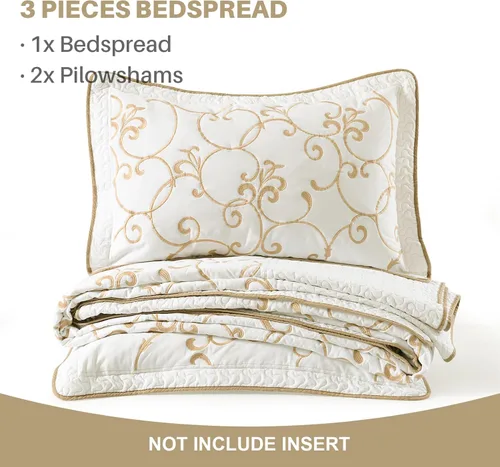 Miniatura 6 de Juego de cubrecama extra grande de 100% algodón de tamaño king, 120"x120", con fundas de almohada, juego de ropa de cama bordada ligera de 3 piezas